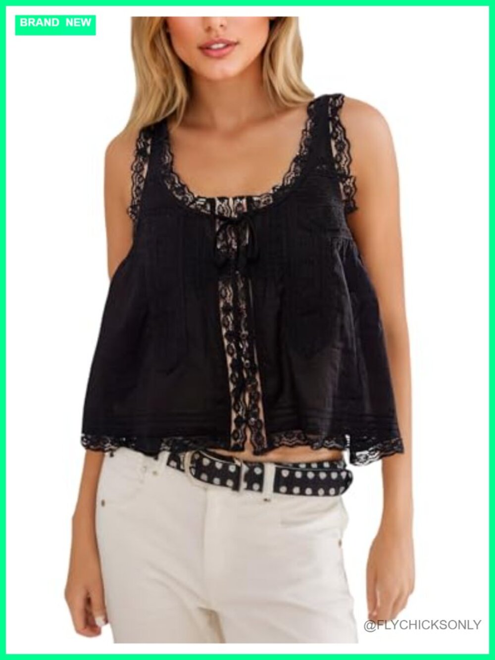 Womens Boho Lace Tie Front Sheer Cotton Voile Tank Top